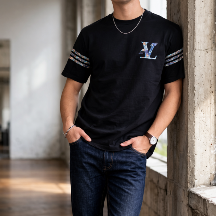Premium Black Designer T-Shirt (LV Style Embroidery)